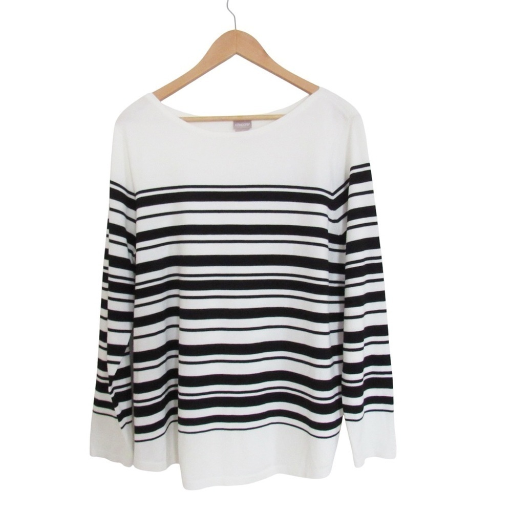 Chicos Black White Bateau Neck Striped Pullover Sweater XL Lightweight Stretch
